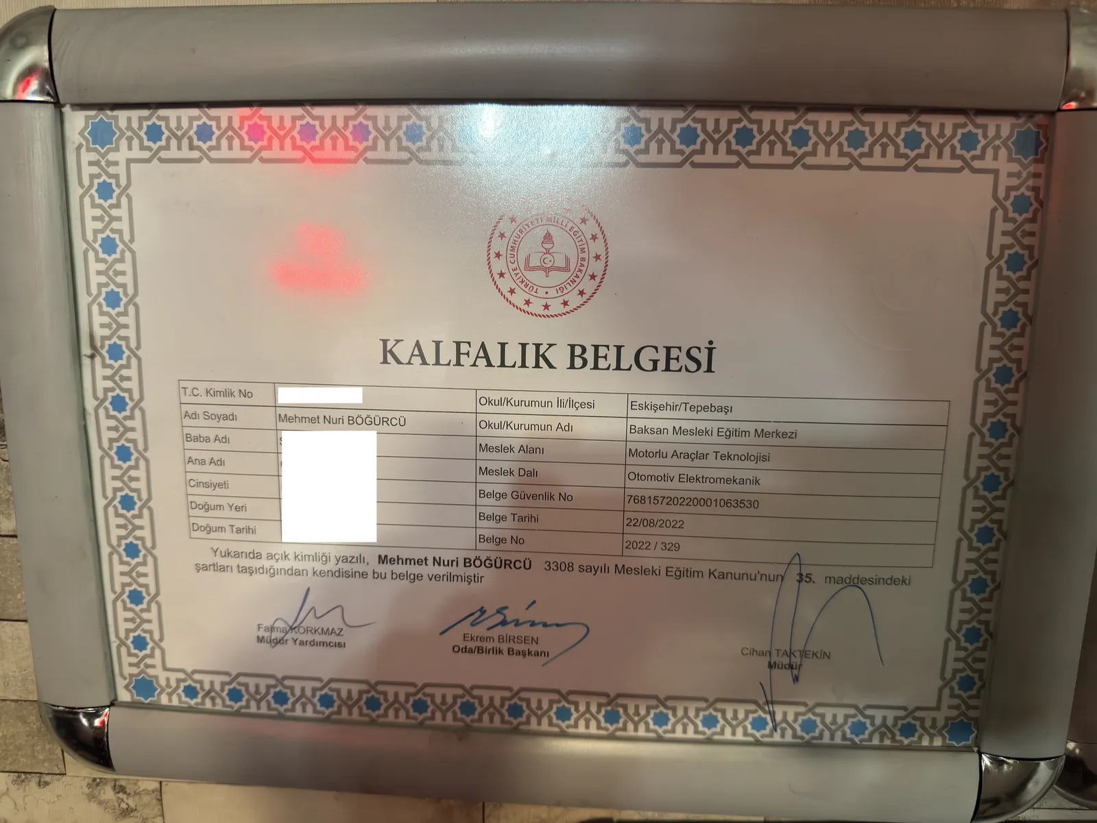 Otomotiv Elektromekanik Kalfalık Belgesi