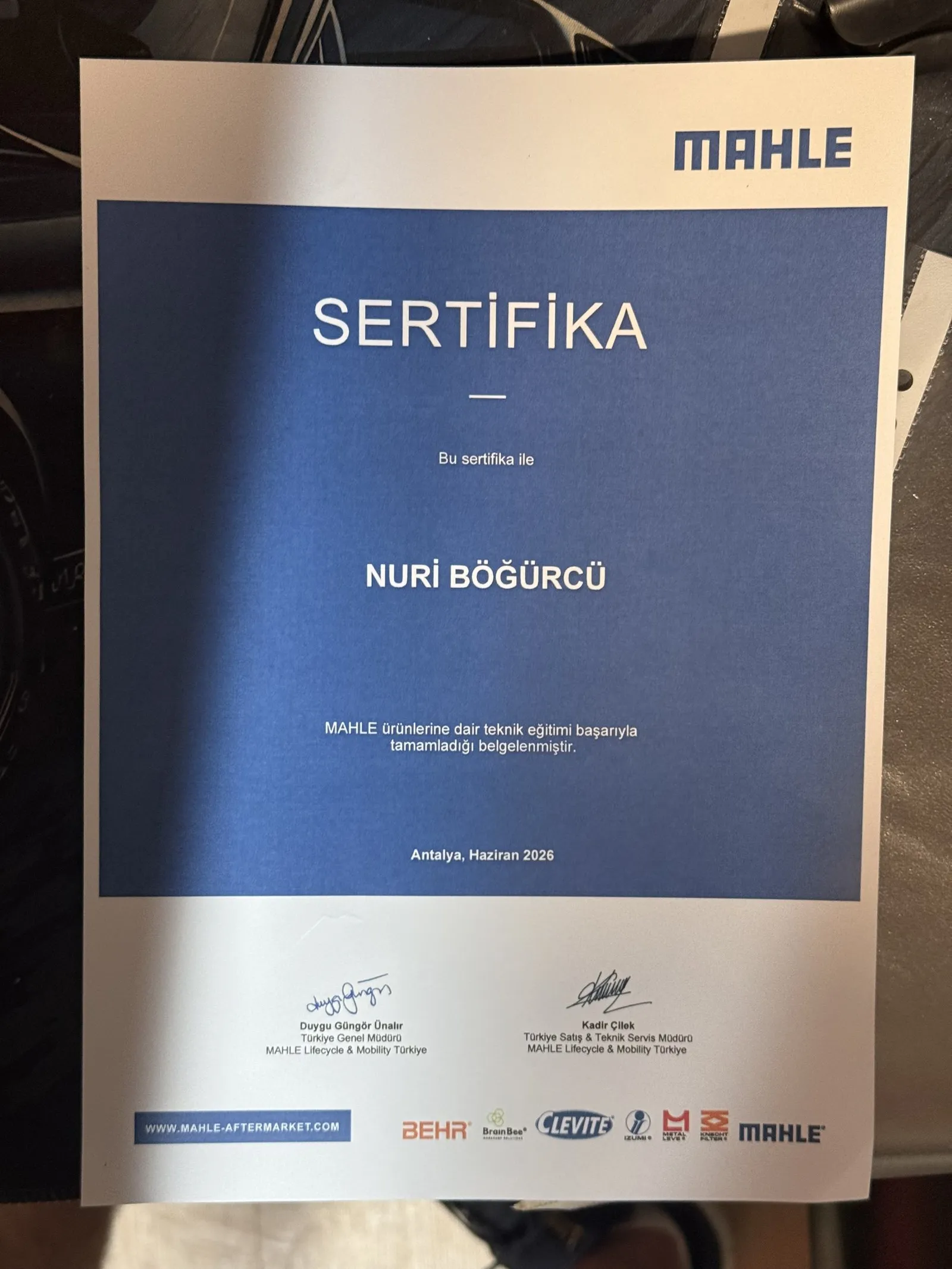 Mehmet Nuri Böğürcü MAHLE Ürünleri Teknik Eğitimi Sertifikası, 2026