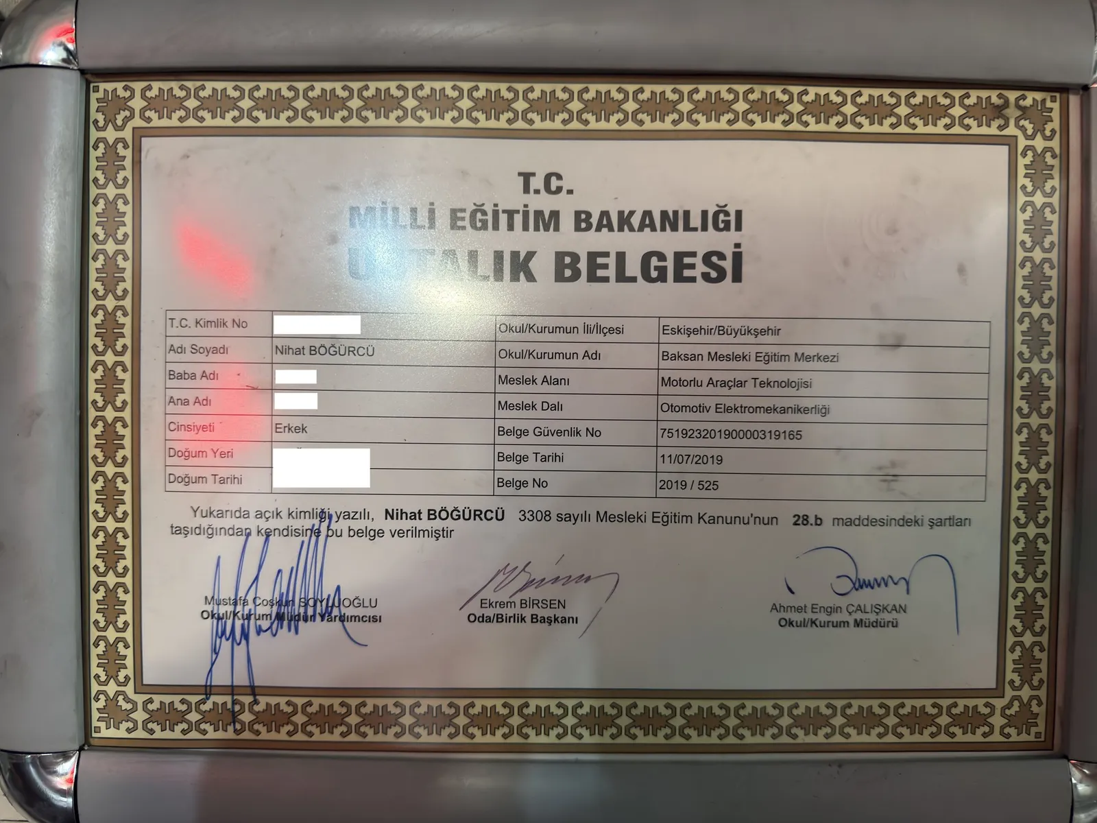 Otomotiv Elektromekanik Ustalık Belgesi