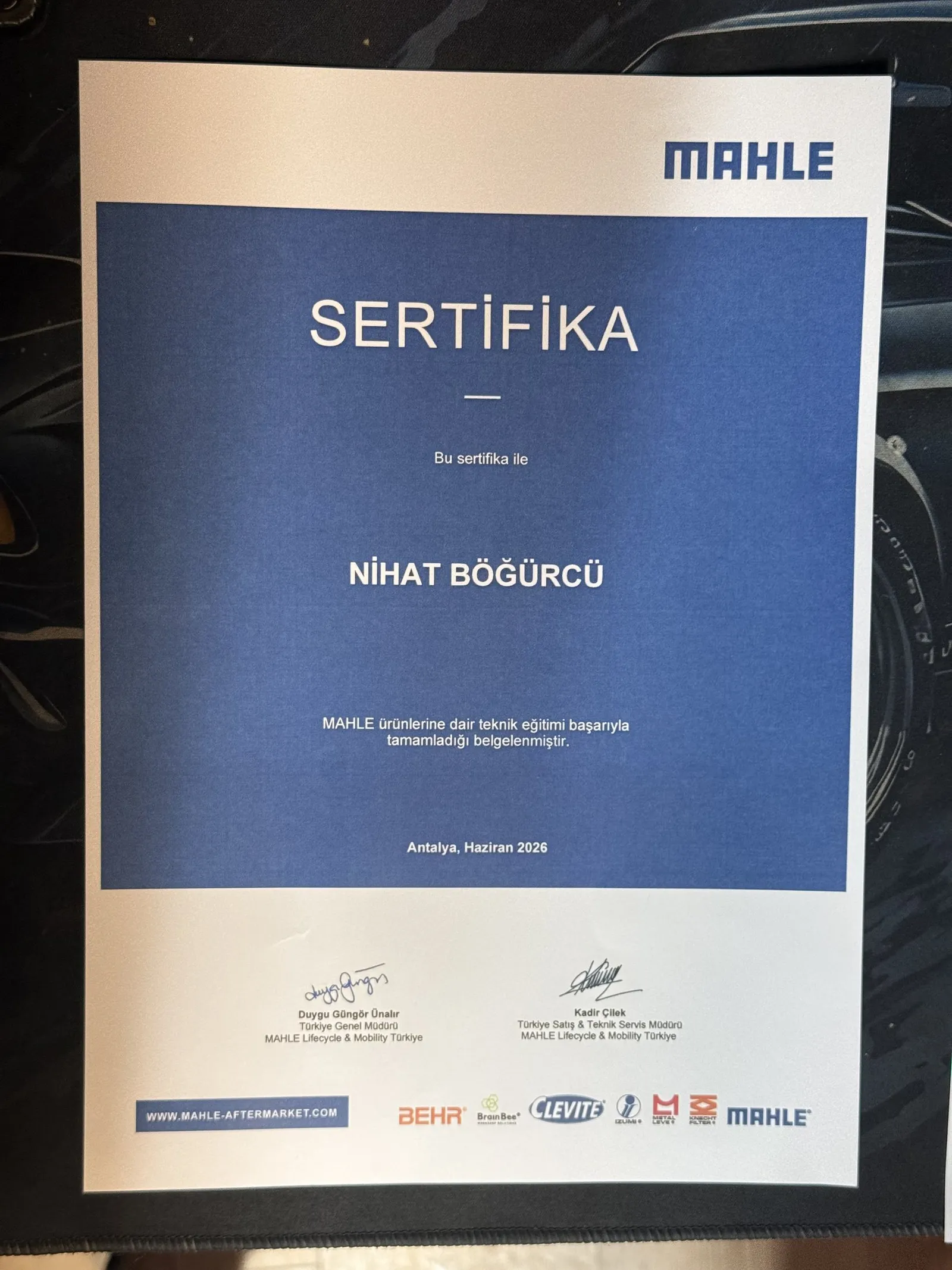 Nihat Böğürcü MAHLE Ürünleri Teknik Eğitimi Sertifikası, 2026