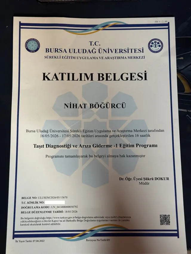 Nihat Böğürcü Taşıt Diagnostiği ve Arıza Giderme Eğitimi katılım belgesi, Bursa Uludağ Üniversitesi, 2026