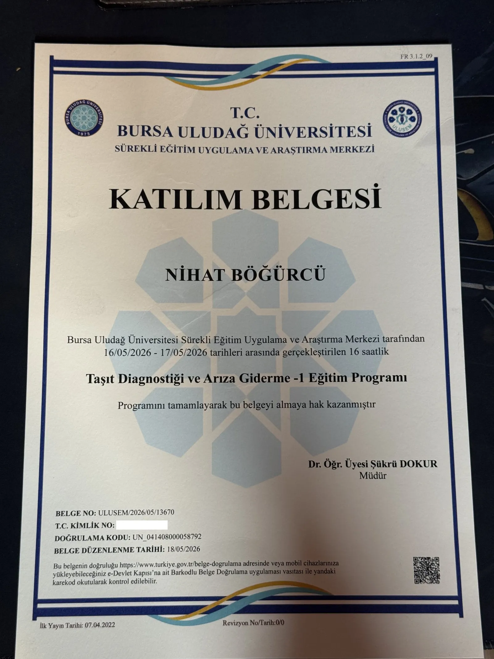 Nihat Böğürcü Taşıt Diagnostiği ve Arıza Giderme-1 Eğitimi (16 saat), 2026