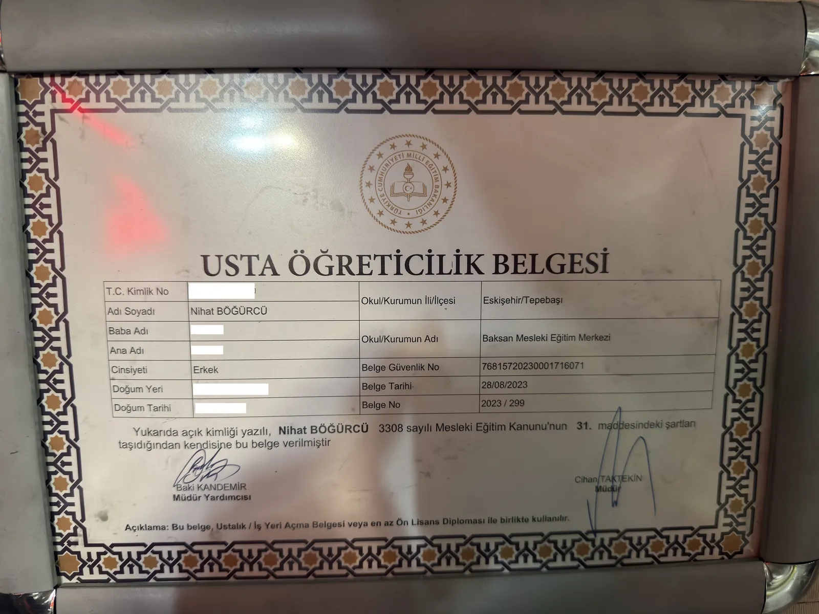 Usta Öğreticilik Belgesi