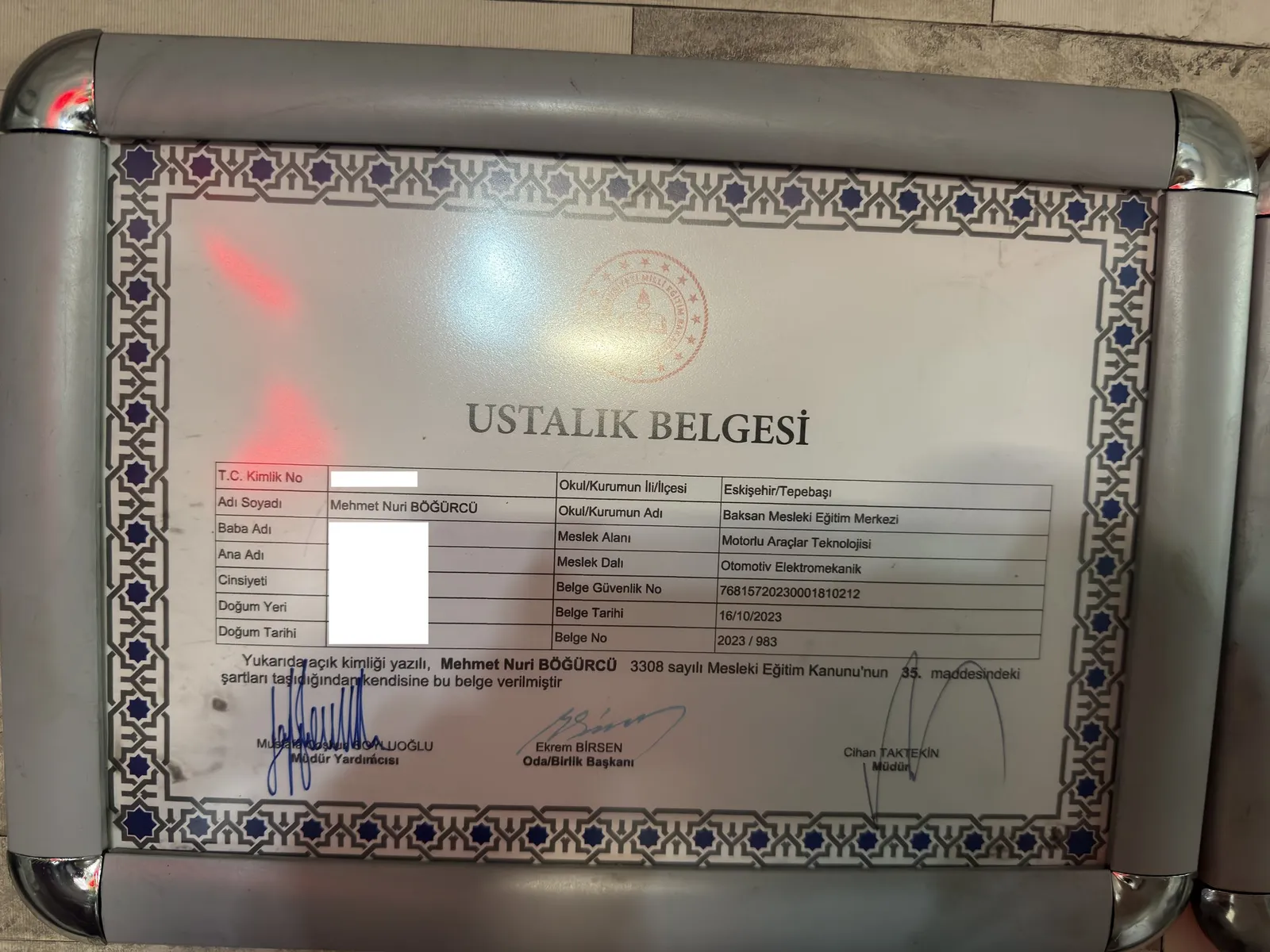 Otomotiv Elektromekanikliği Ustalık Belgesi